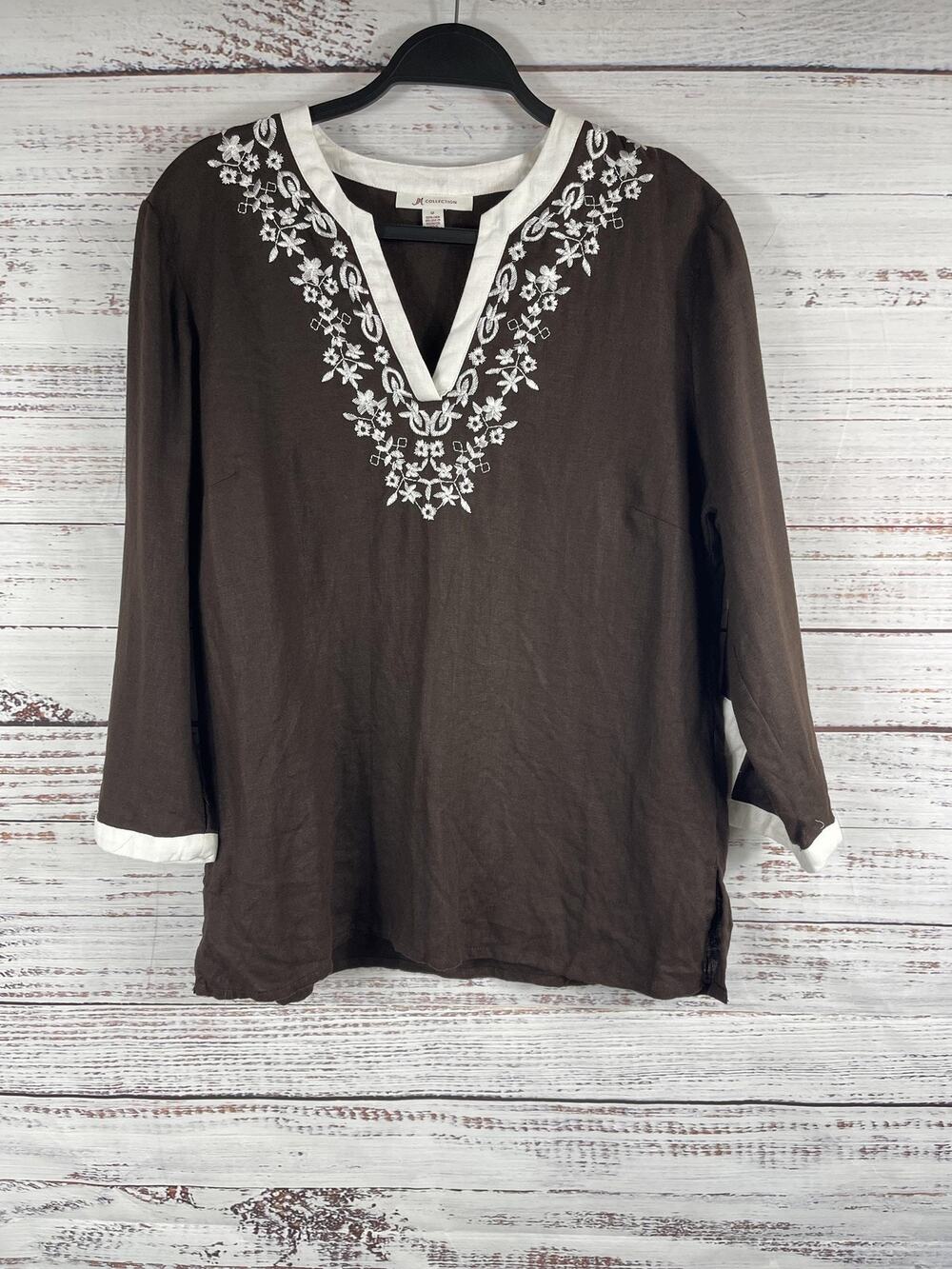 JM Collection Shirt Women's 12 Brown Linen Tunic V-Neck Embroidered 3/4 Sleeve